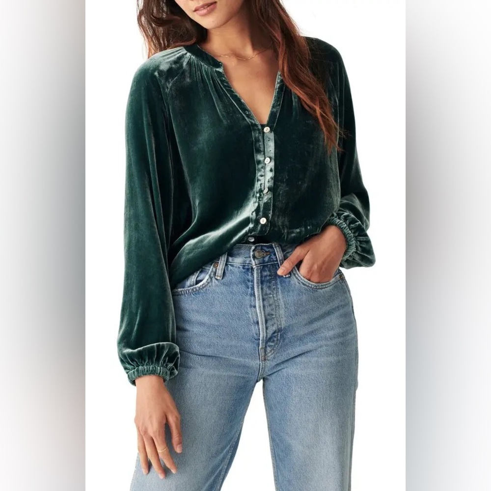 Faherty Silk Velvet Naomi Top Emerald Green Blouse Shirt Size X Small